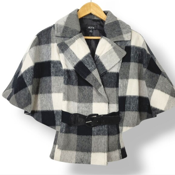 ALYX Wool Blend Buffalo Plaid Belted Capelet Cape Jacket in Black Size Small - Picture 2 of 13